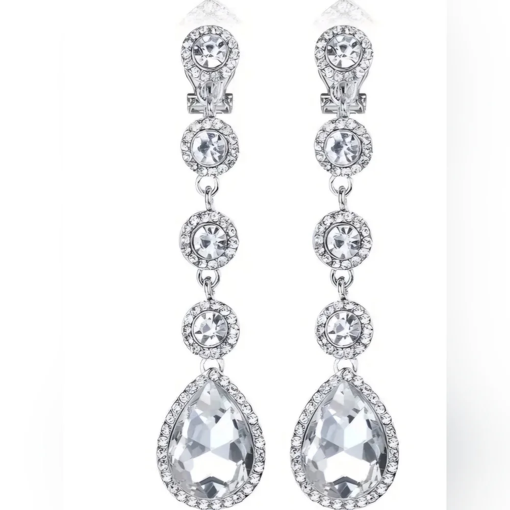 Elegant Silver Crystal CLIP-ON Drop Earrings - Picture 2 of 2